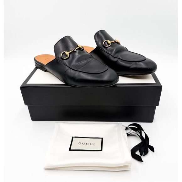 Gucci Princetown Horsebit Black Leather Loafers Mules Slip On Flats EU 40 US 10 - Picture 1 of 13